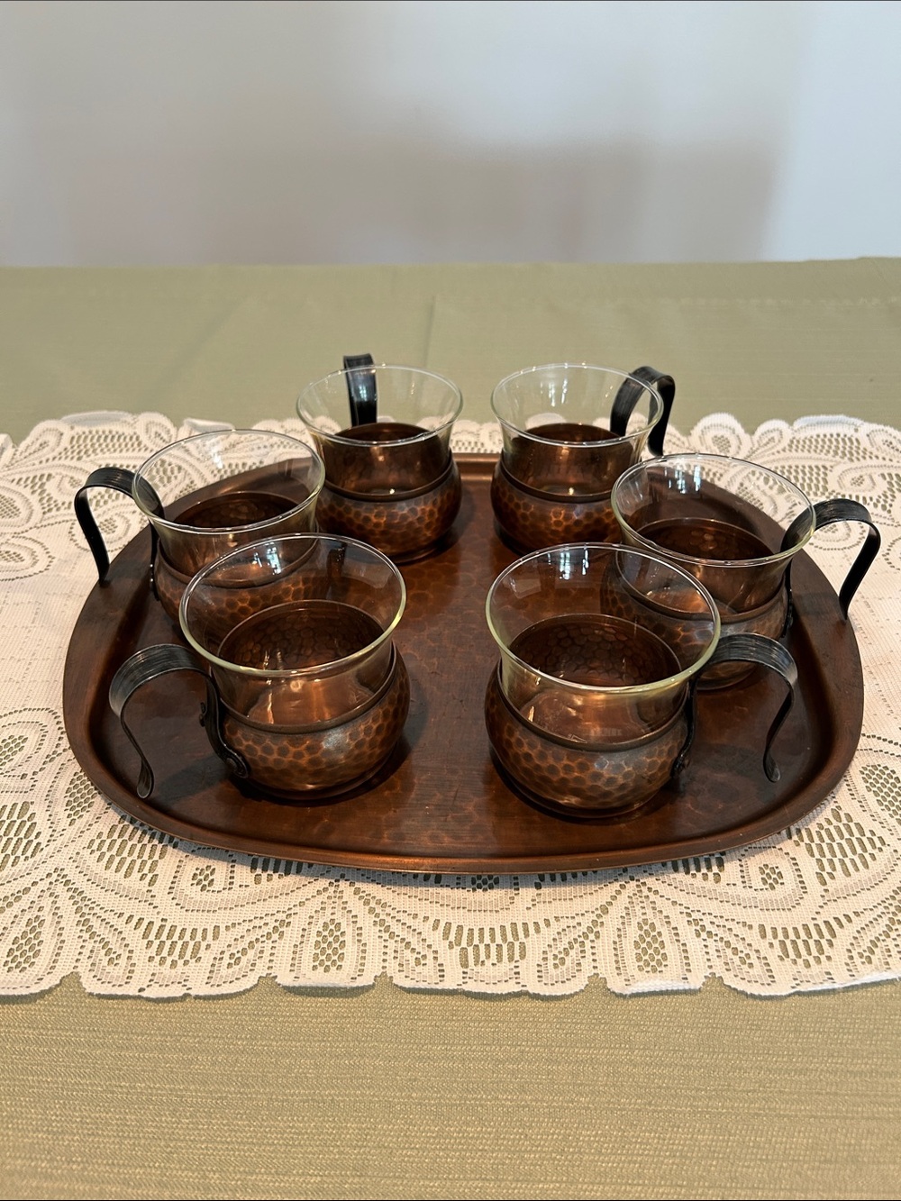 MCM Hammered Copper Glass Tea Cup Set - 6pc Swiss made Stockli Netstal Rare - Picture 8 of 8